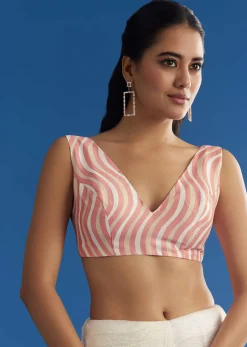 White Crepe Silk Saree With Mirror Scallop Border And Pink Contrast Blouse