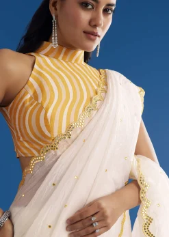 White Crepe Silk Saree With Mirror Scallop Contrast Border And Yellow Blouse