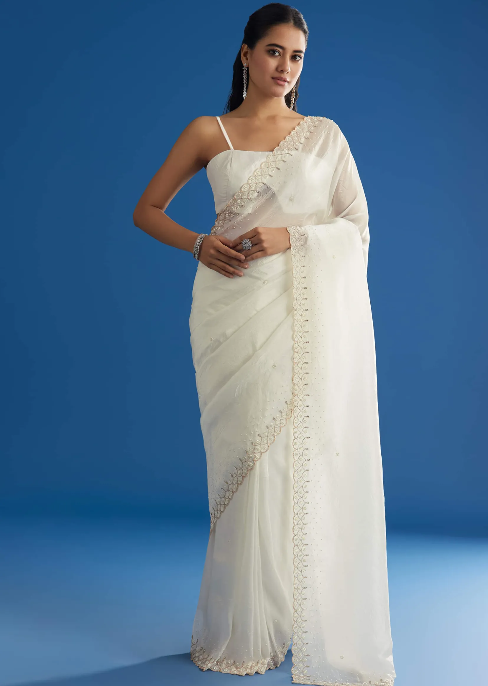 White Crepe Tissue Saree With Moti Beads And Cutdana Embroidery