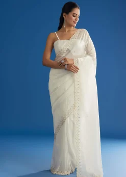 White Crepe Tissue Saree With Moti Beads And Cutdana Embroidery