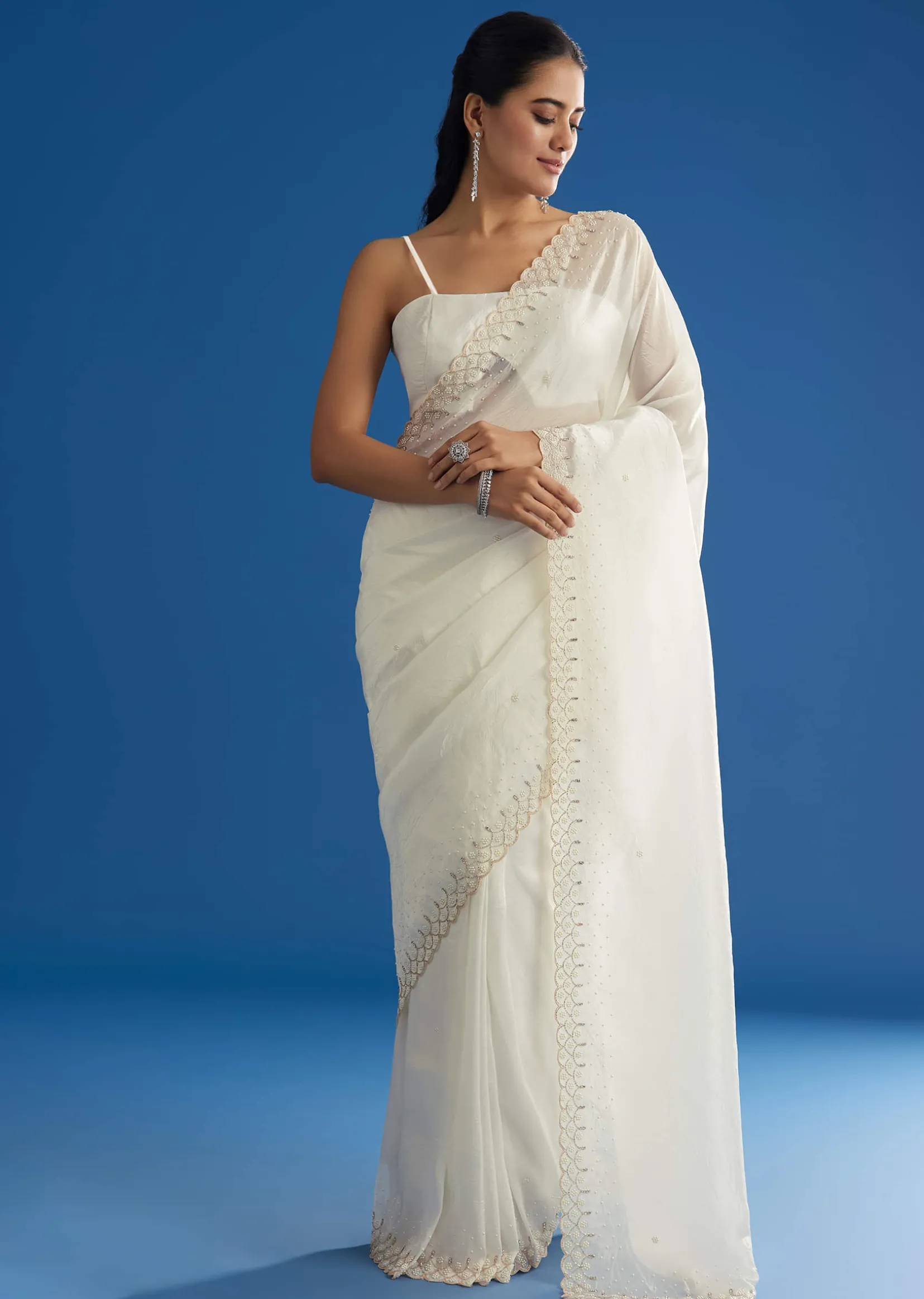 White Crepe Tissue Saree With Moti Beads And Cutdana Embroidery