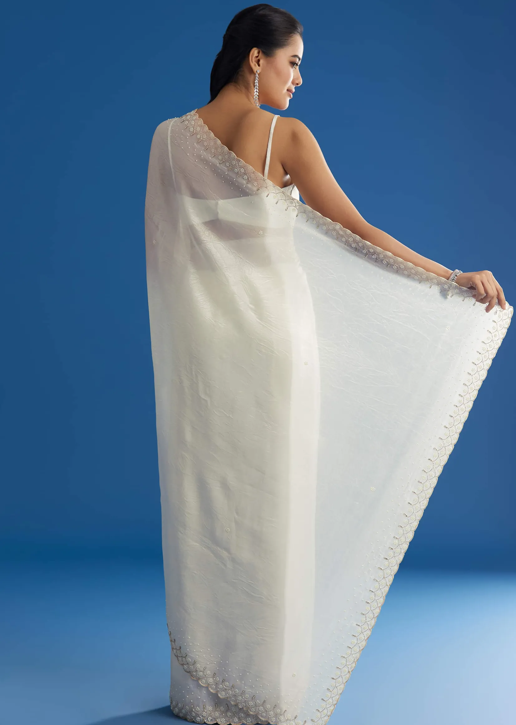 White Crepe Tissue Saree With Moti Beads And Cutdana Embroidery
