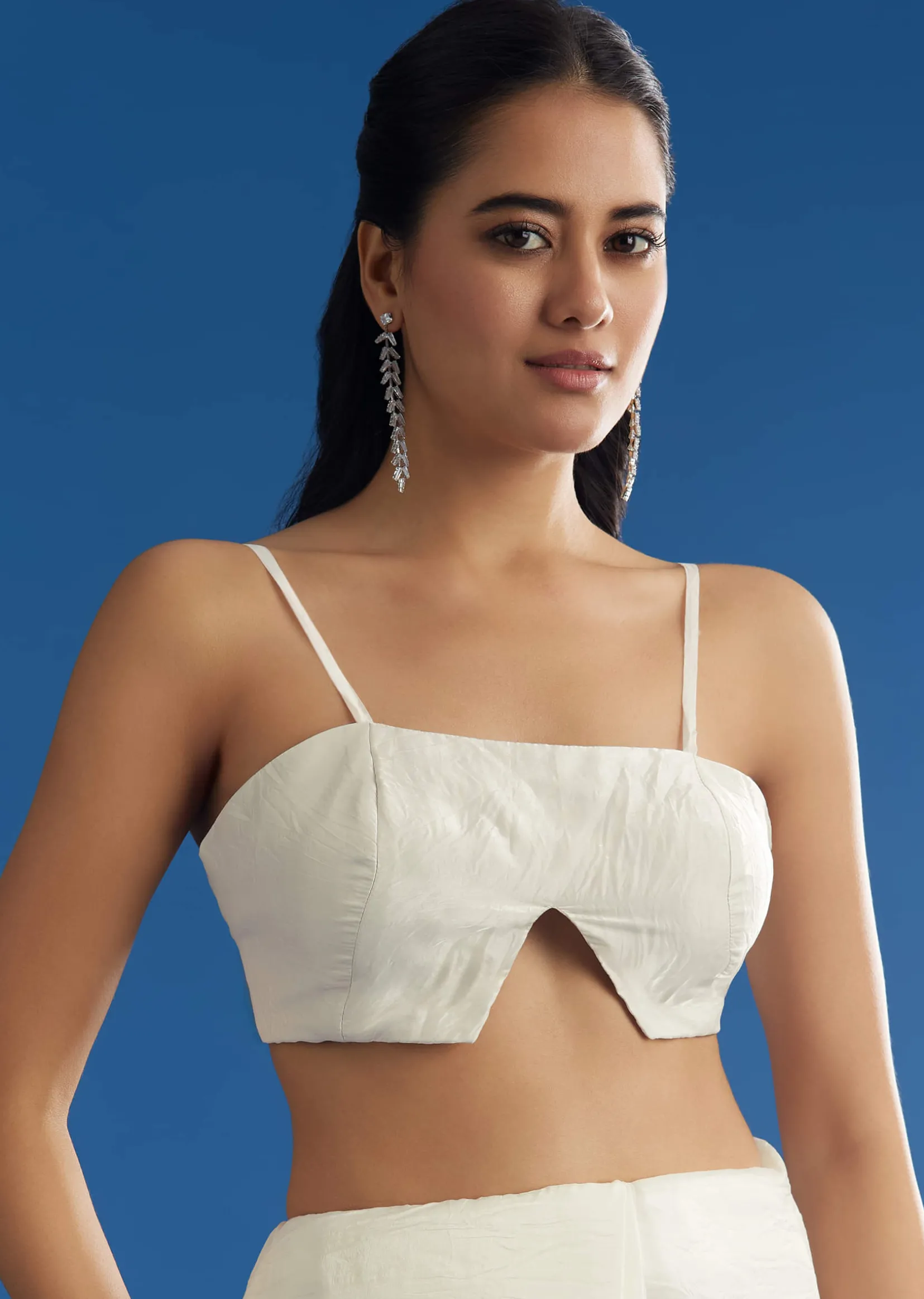 White Crepe Tissue Saree With Moti Beads And Cutdana Embroidery
