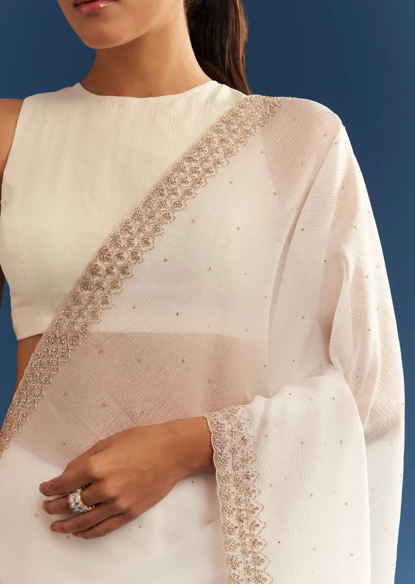 White Crushed Tissue Cutdana Embroidered Saree