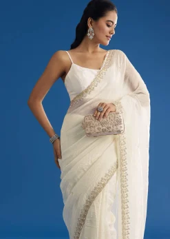 White Crushed Tissue Saree With Stones And Sequins Embroidery And Scallop Border
