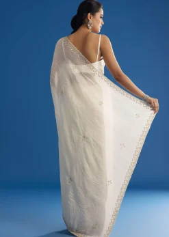 White Crushed Tissue Saree With Stones And Sequins Embroidery And Scallop Border