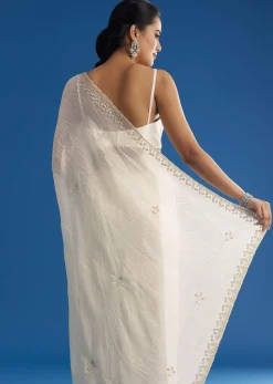 White Crushed Tissue Saree With Stones And Sequins Embroidery And Scallop Border