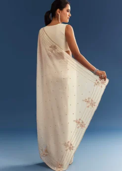 White Crushed Tissue Saree With Cutdana And Sequins Embroidery
