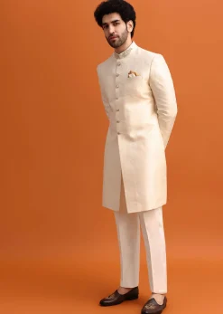 White Cut Work Embroidered Sherwani For Men