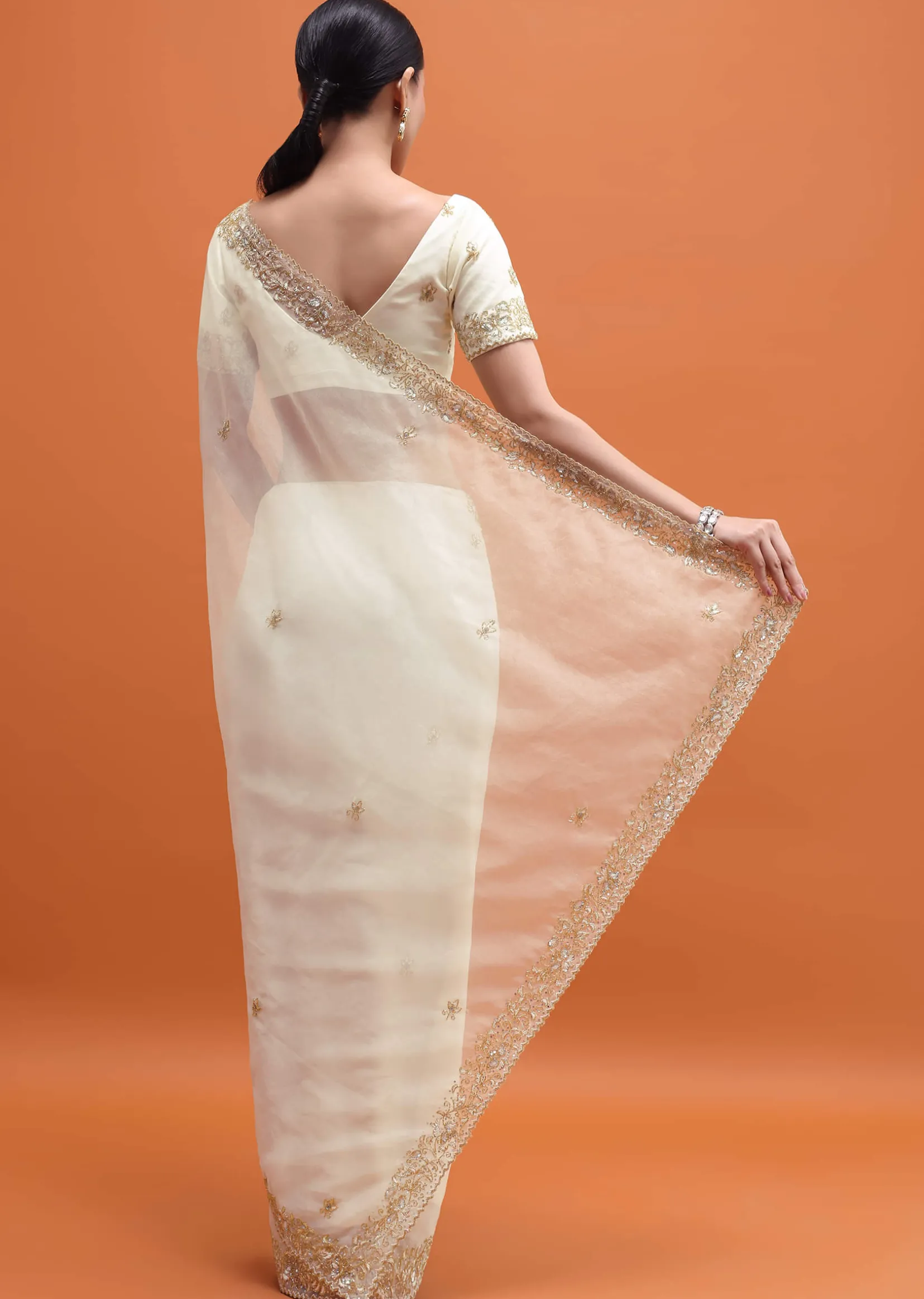White Embroidered Border Saree With Unstitched Blouse