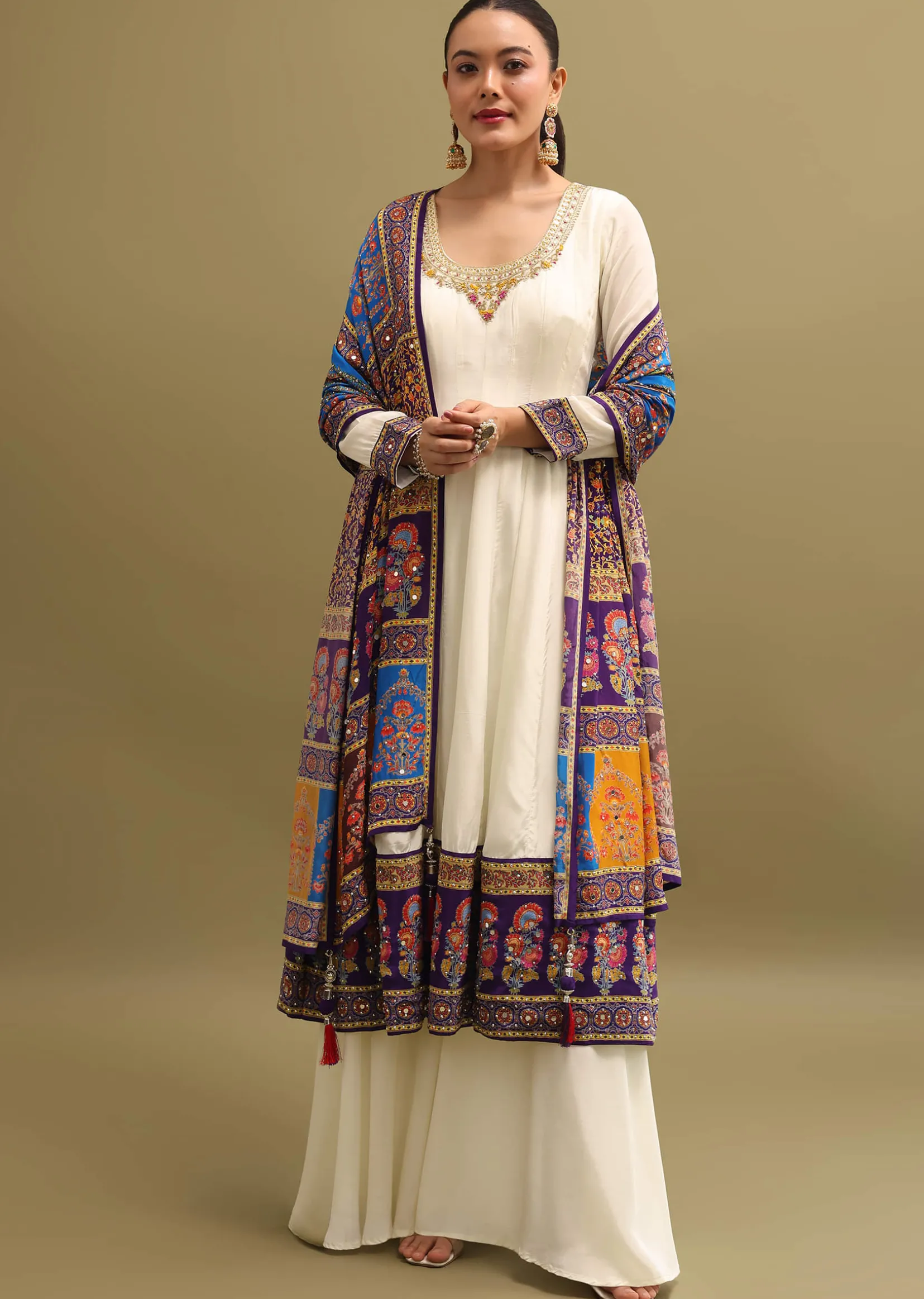 White Embroidered Crepe Kurta Suit Set