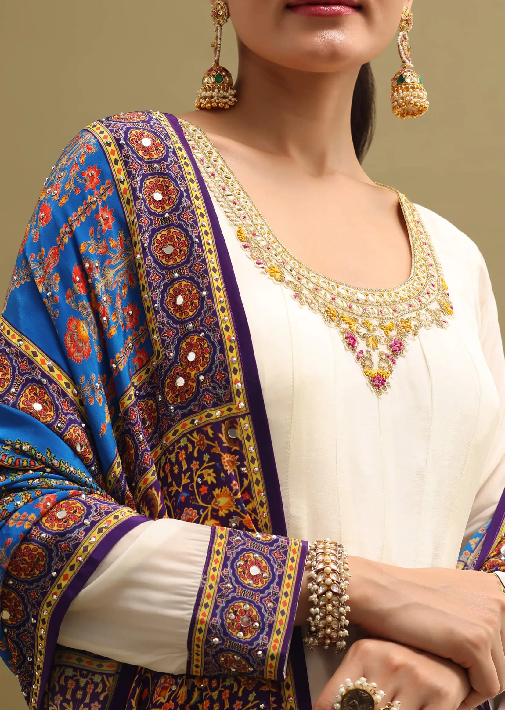 White Embroidered Crepe Kurta Suit Set
