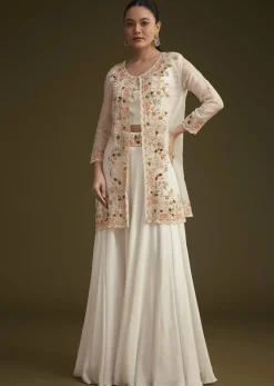White Embroidered Croptop Palazzo And Jacket Set