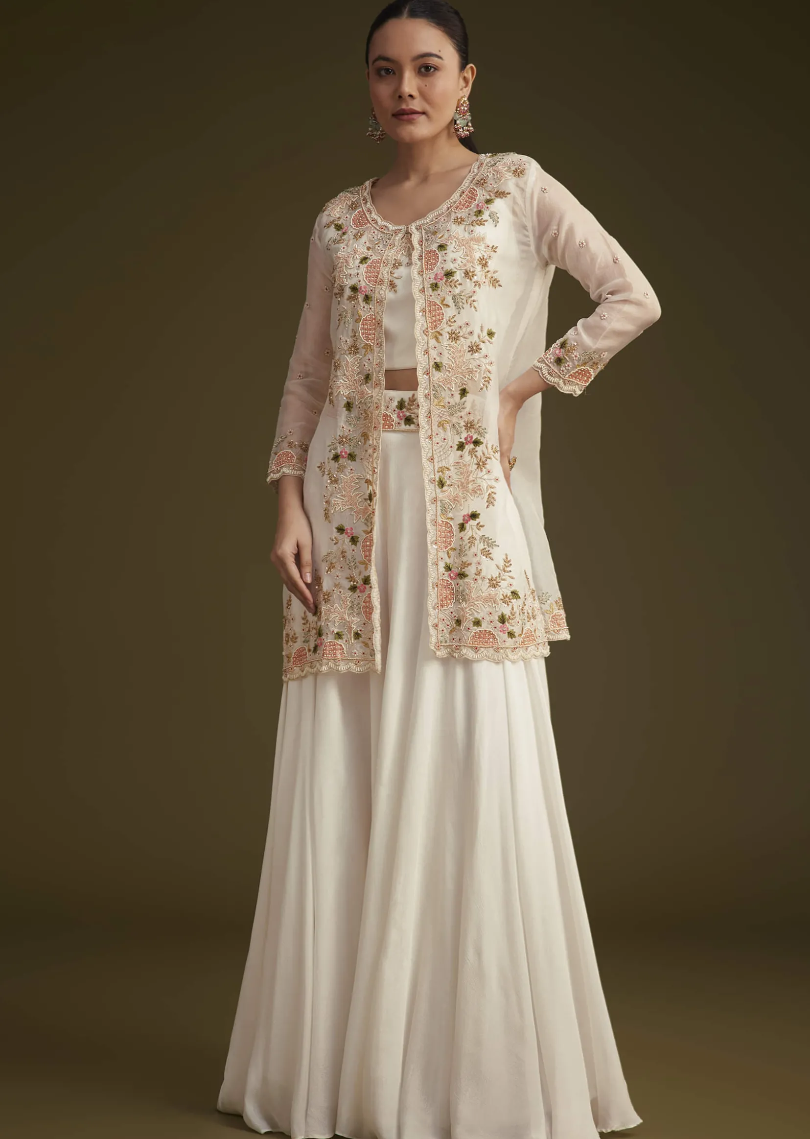 White Embroidered Croptop Palazzo And Jacket Set
