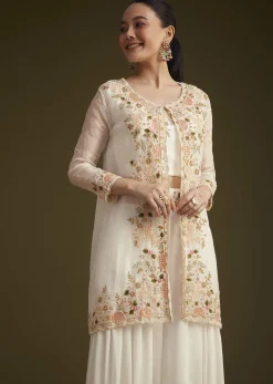 White Embroidered Croptop Palazzo And Jacket Set