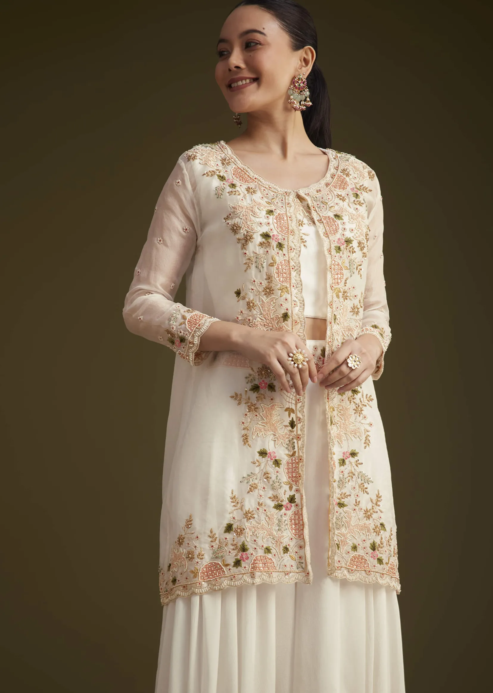 White Embroidered Croptop Palazzo And Jacket Set