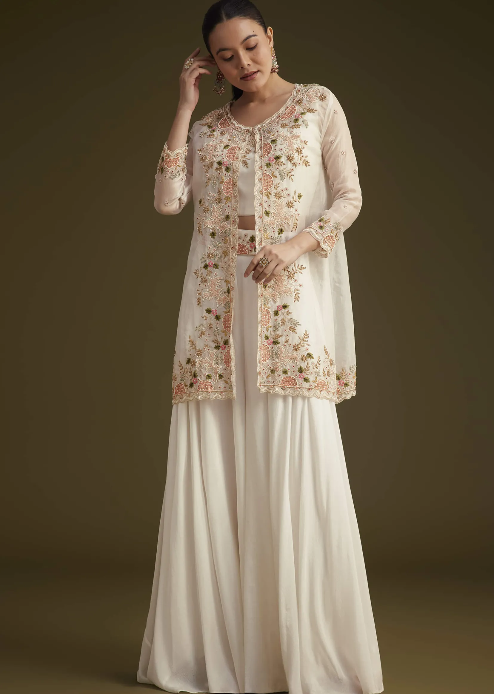 White Embroidered Croptop Palazzo And Jacket Set