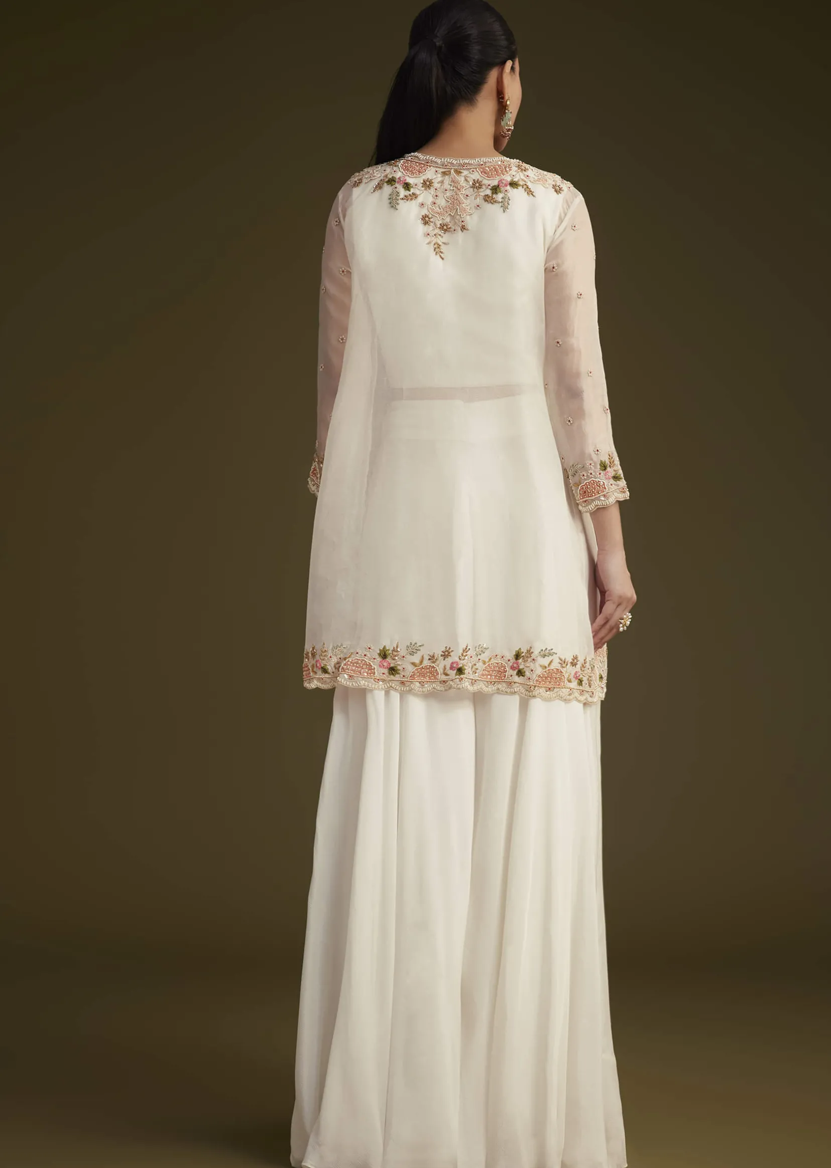 White Embroidered Croptop Palazzo And Jacket Set