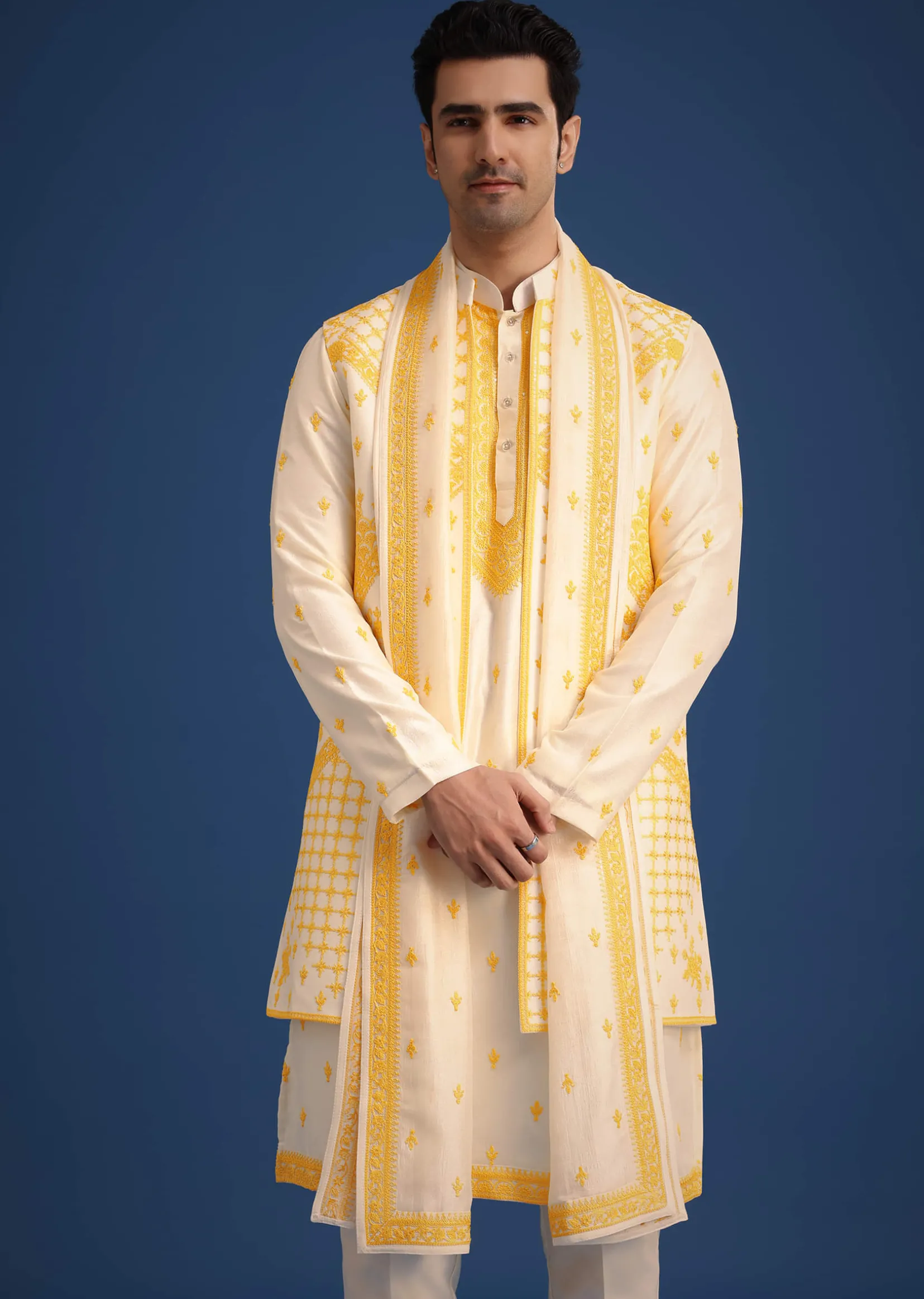 White Embroidered Jacket and Kurta Set With Dupatta