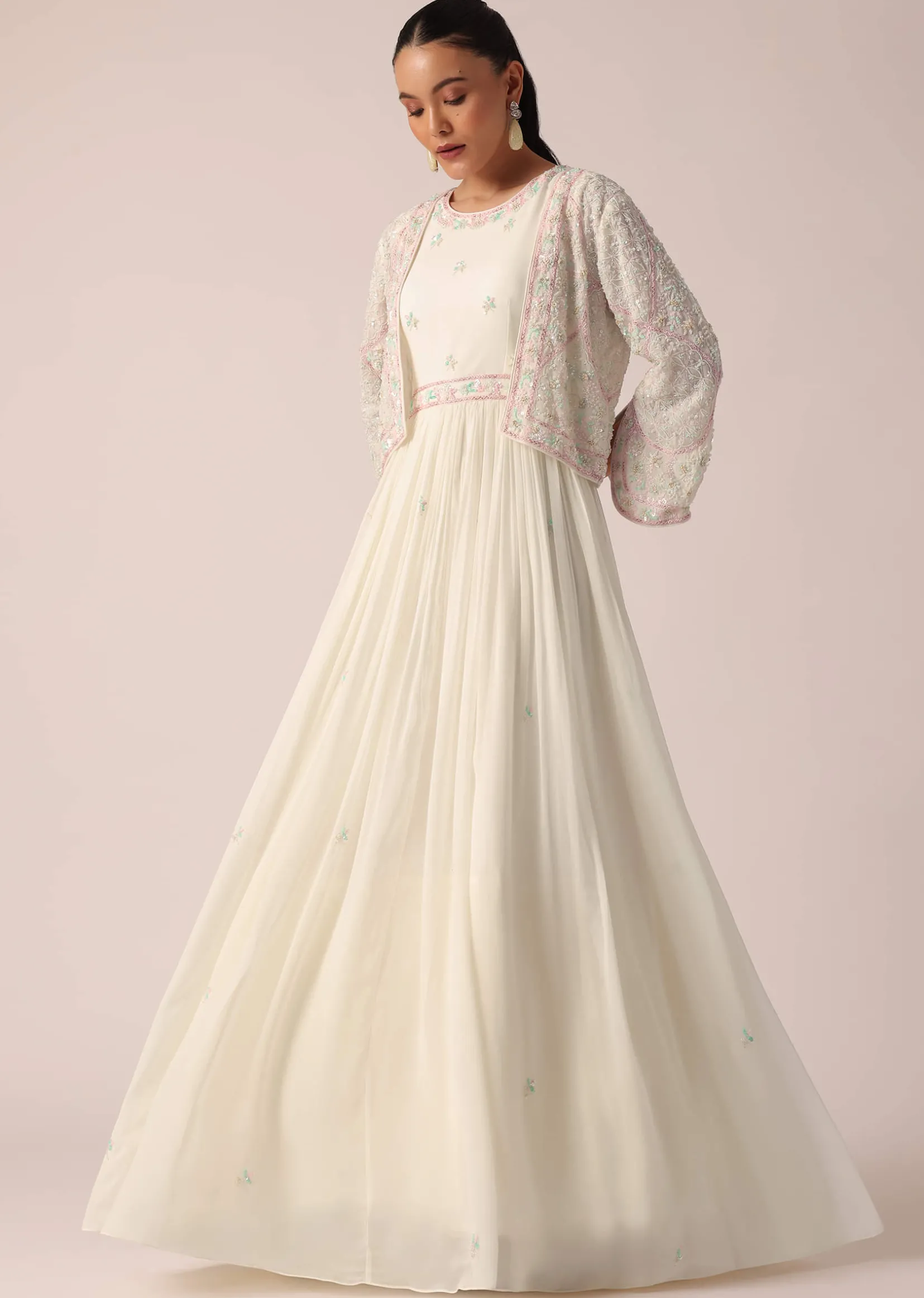 White Embroidered Jacket And Anarkali Set With Sequin Work