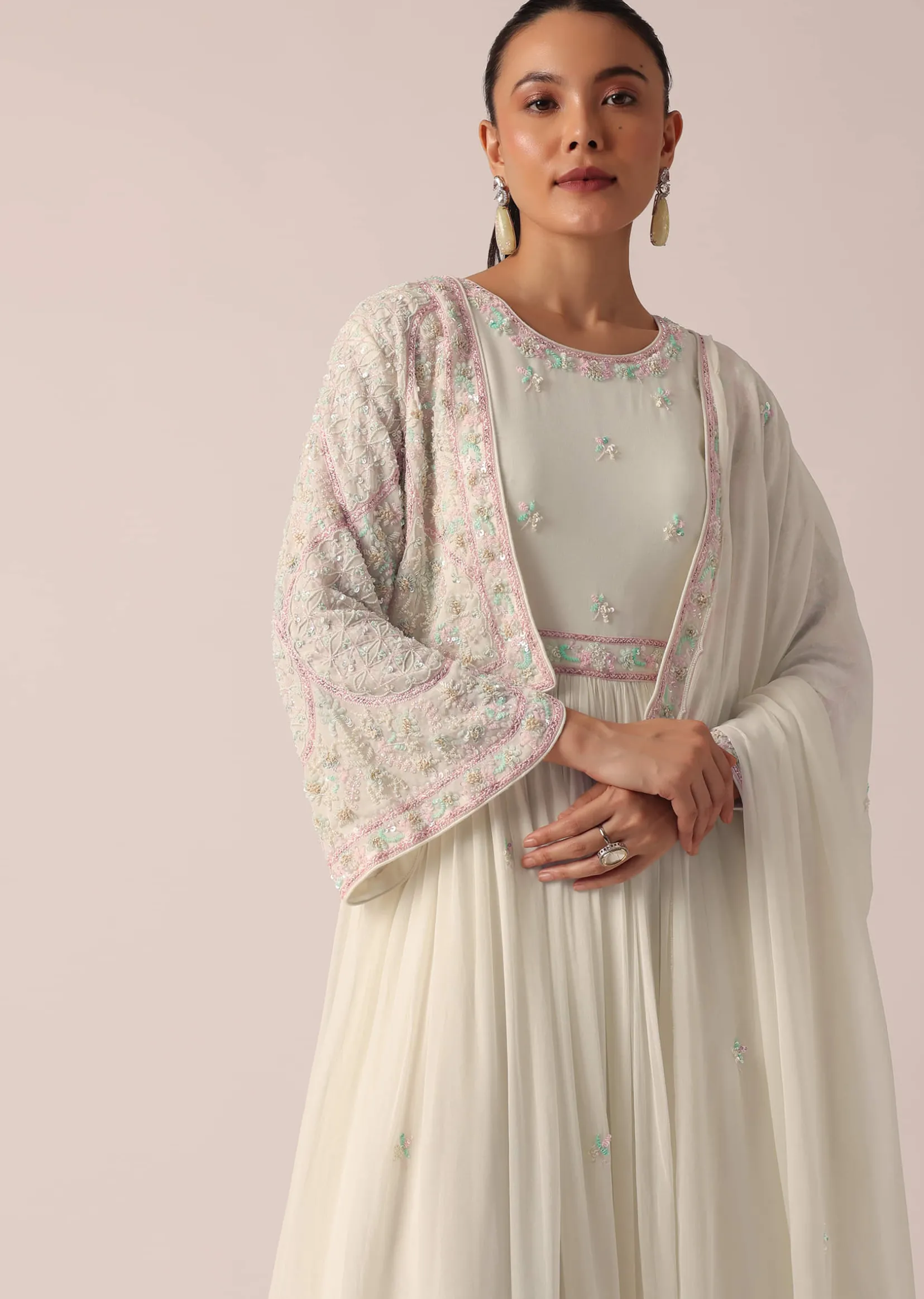 White Embroidered Jacket And Anarkali Set With Sequin Work