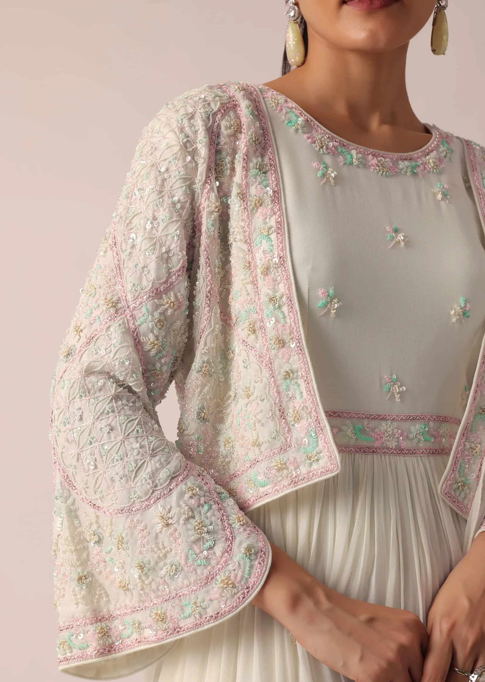 White Embroidered Jacket And Anarkali Set With Sequin Work