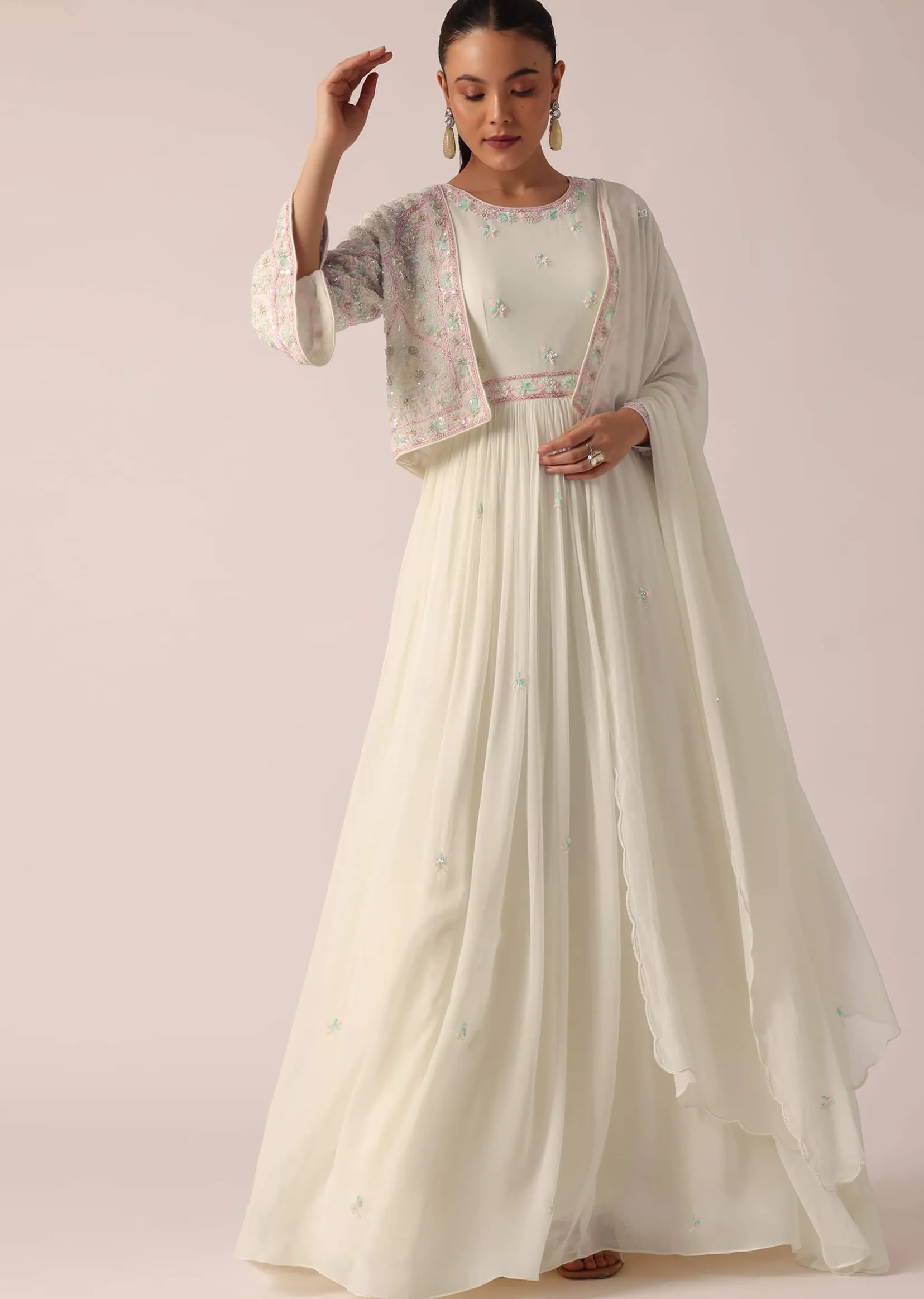 White Embroidered Jacket And Anarkali Set With Sequin Work