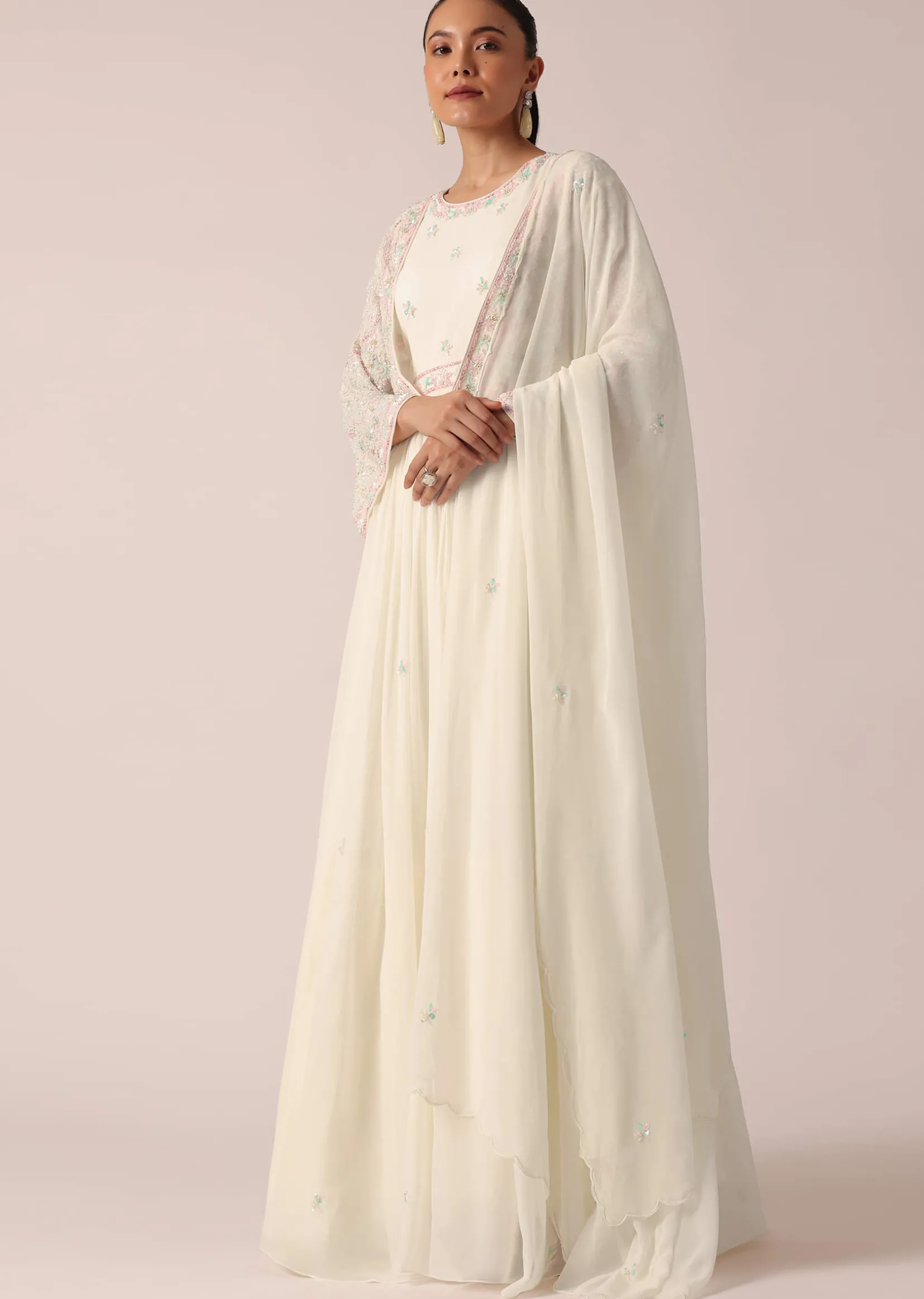 White Embroidered Jacket And Anarkali Set With Sequin Work