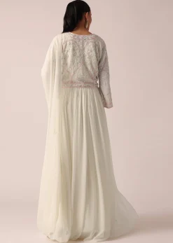 White Embroidered Jacket And Anarkali Set With Sequin Work
