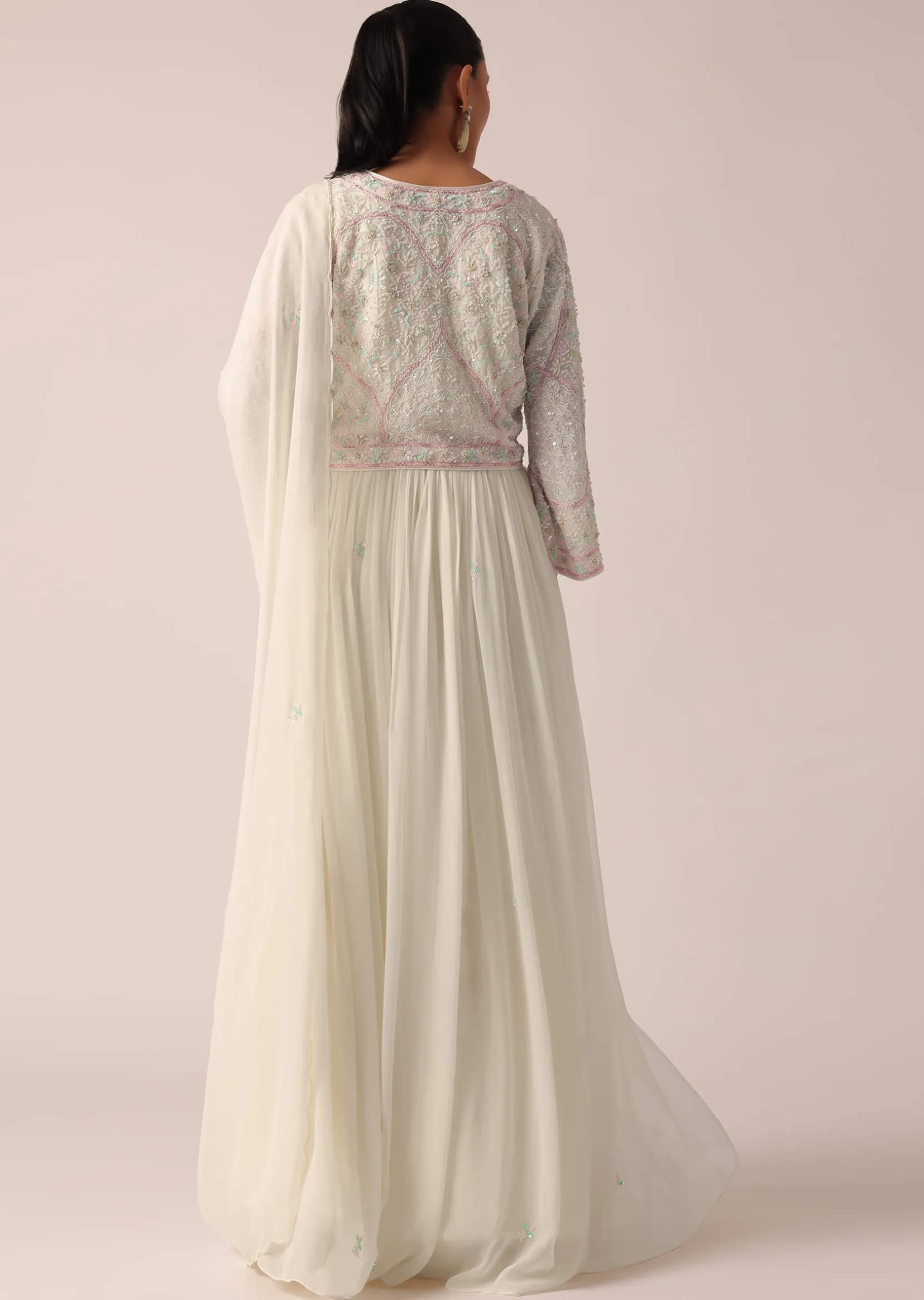 White Embroidered Jacket And Anarkali Set With Sequin Work