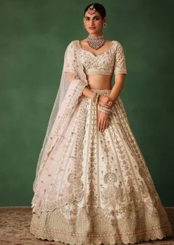 White Embroidered Lehenga Set In Raw Silk