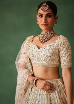 White Embroidered Lehenga Set In Raw Silk