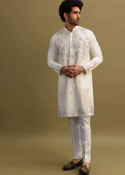 White Embroidered Mirror Work Kurta Set For Men