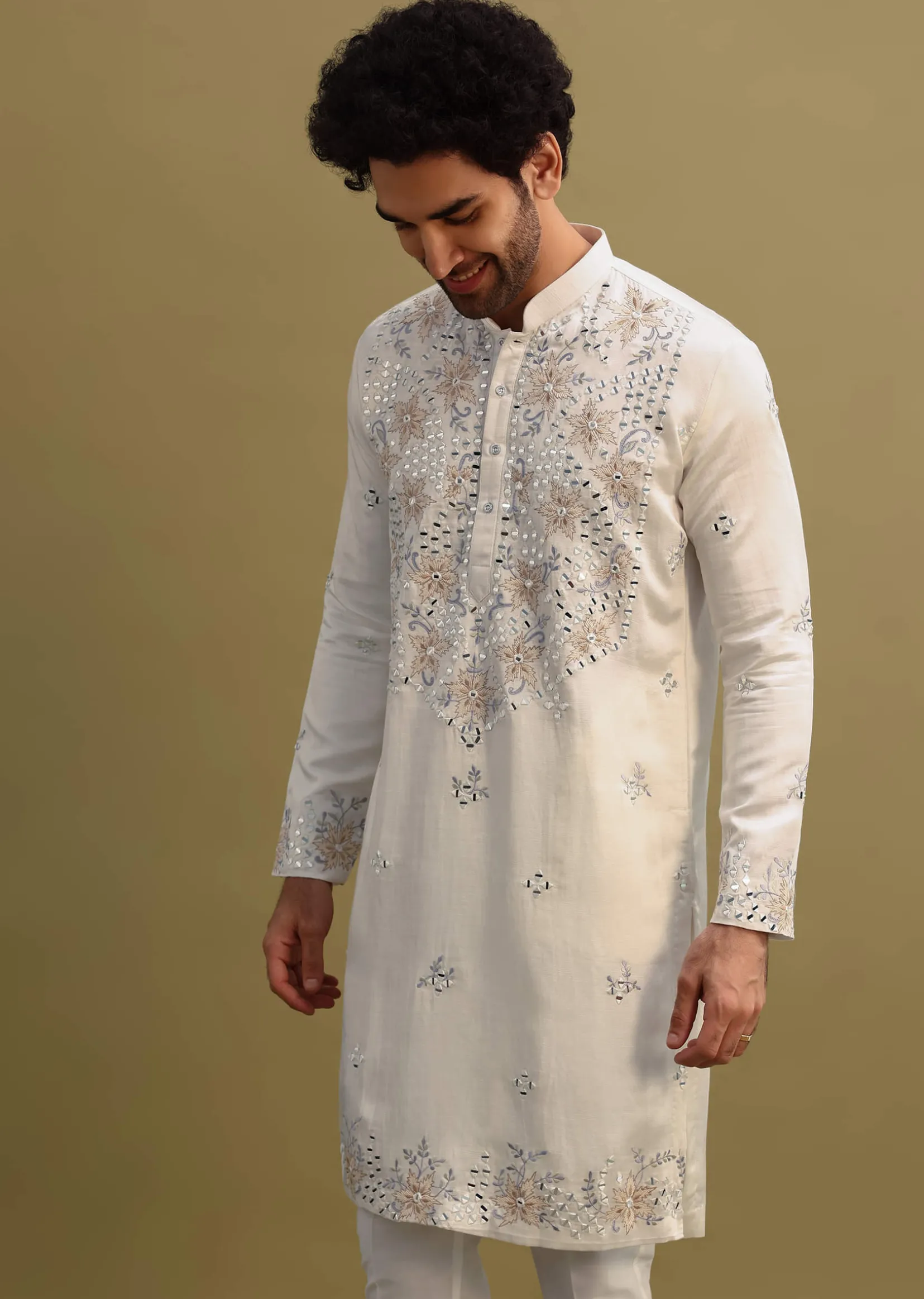 White Embroidered Mirror Work Kurta Set For Men