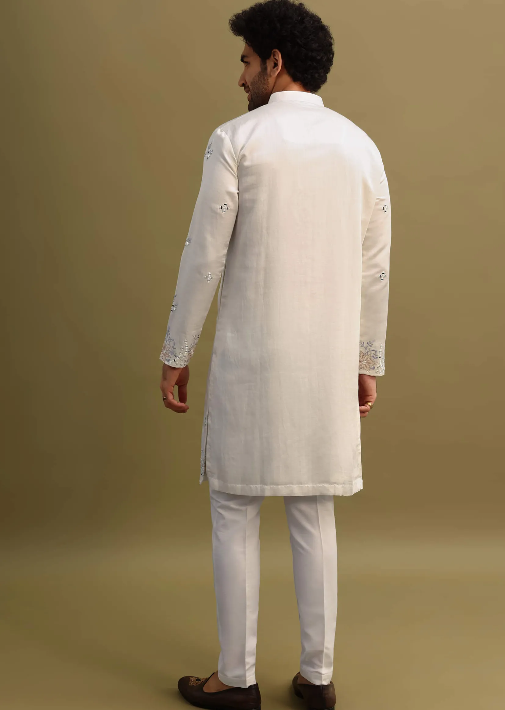 White Embroidered Mirror Work Kurta Set For Men