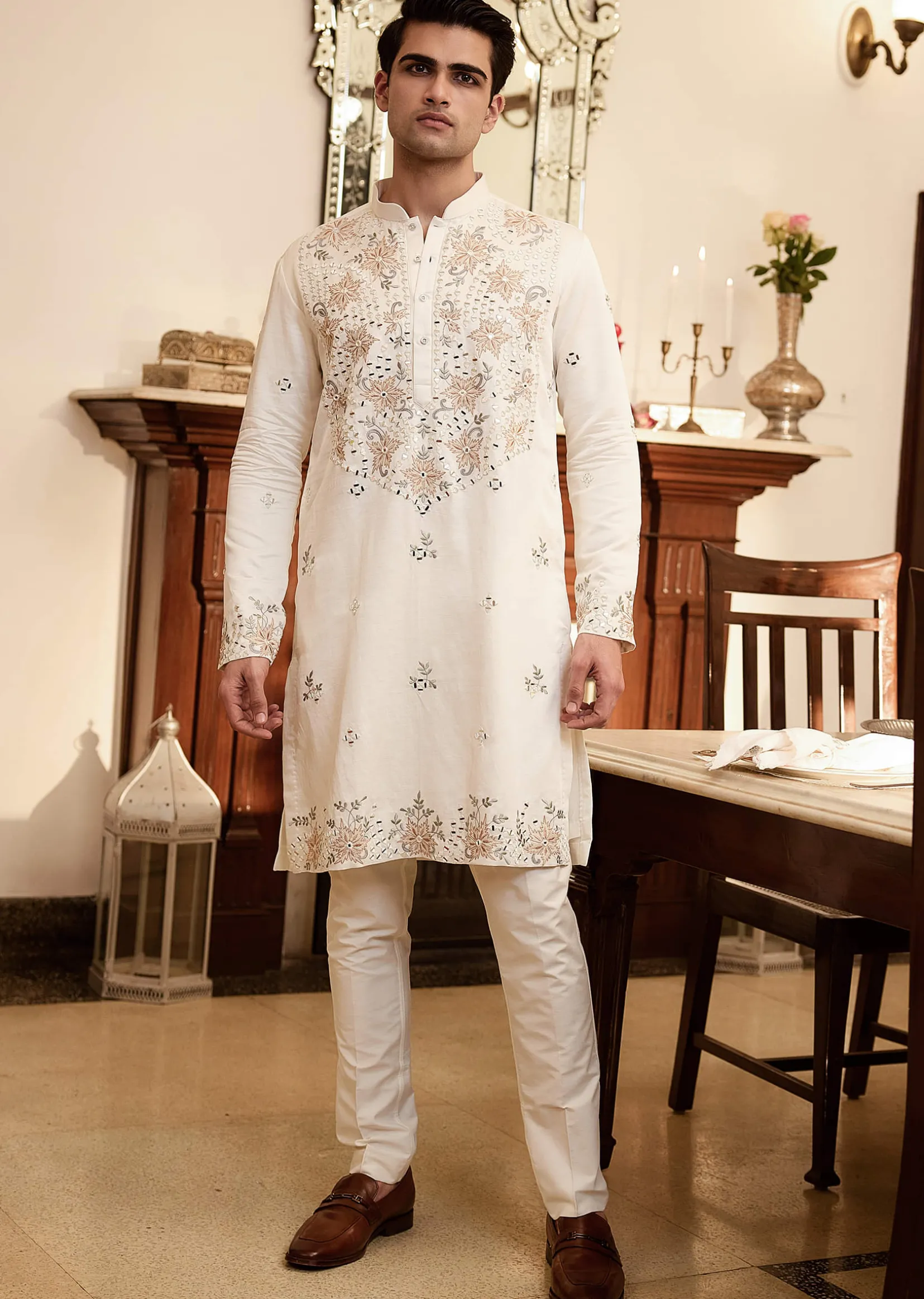 White Embroidered Mirror Work Kurta Set For Men