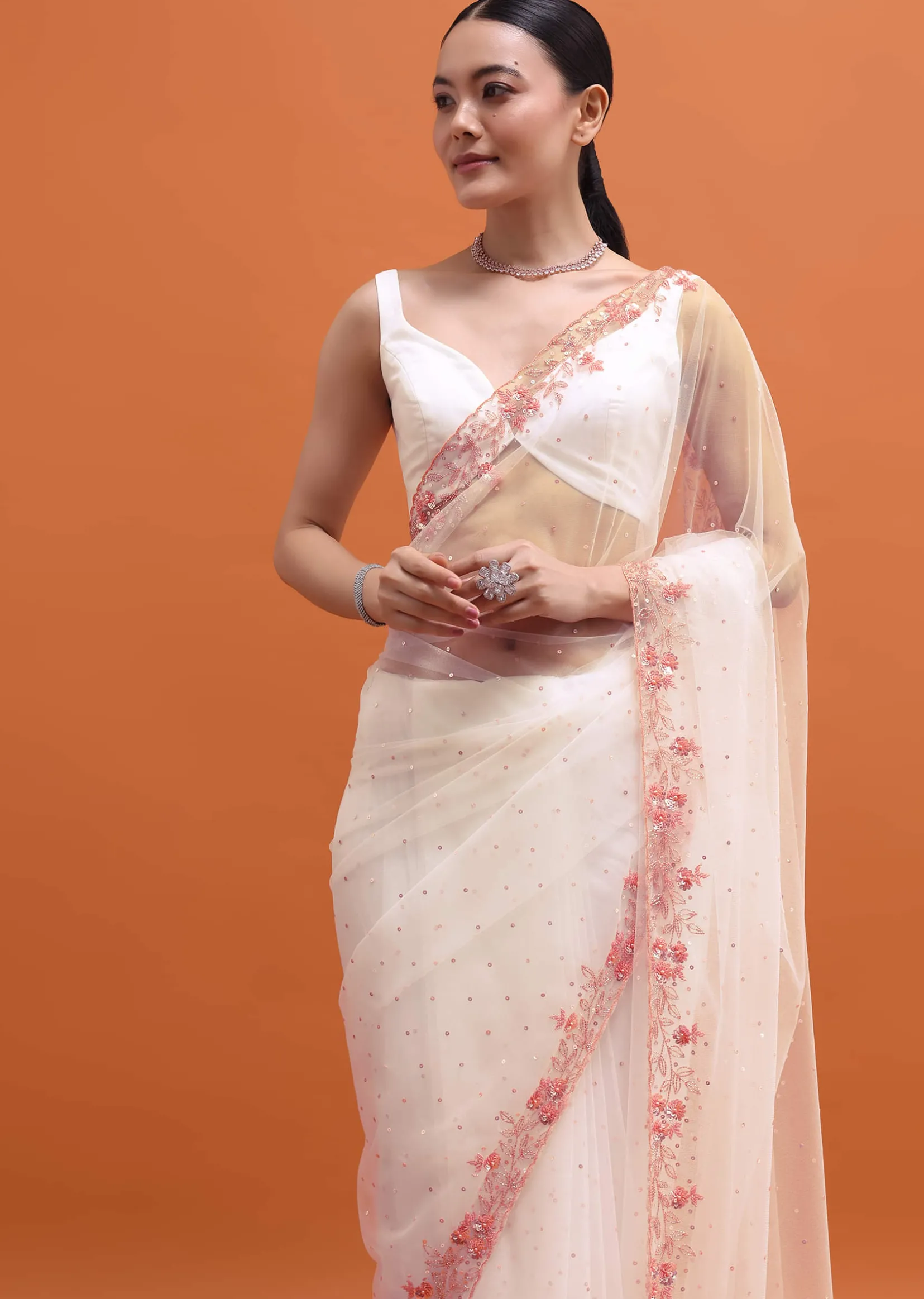 White Embroidered Net Saree In Sequin With Unstitched Blouse