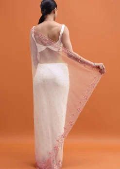 White Embroidered Net Saree In Sequin With Unstitched Blouse