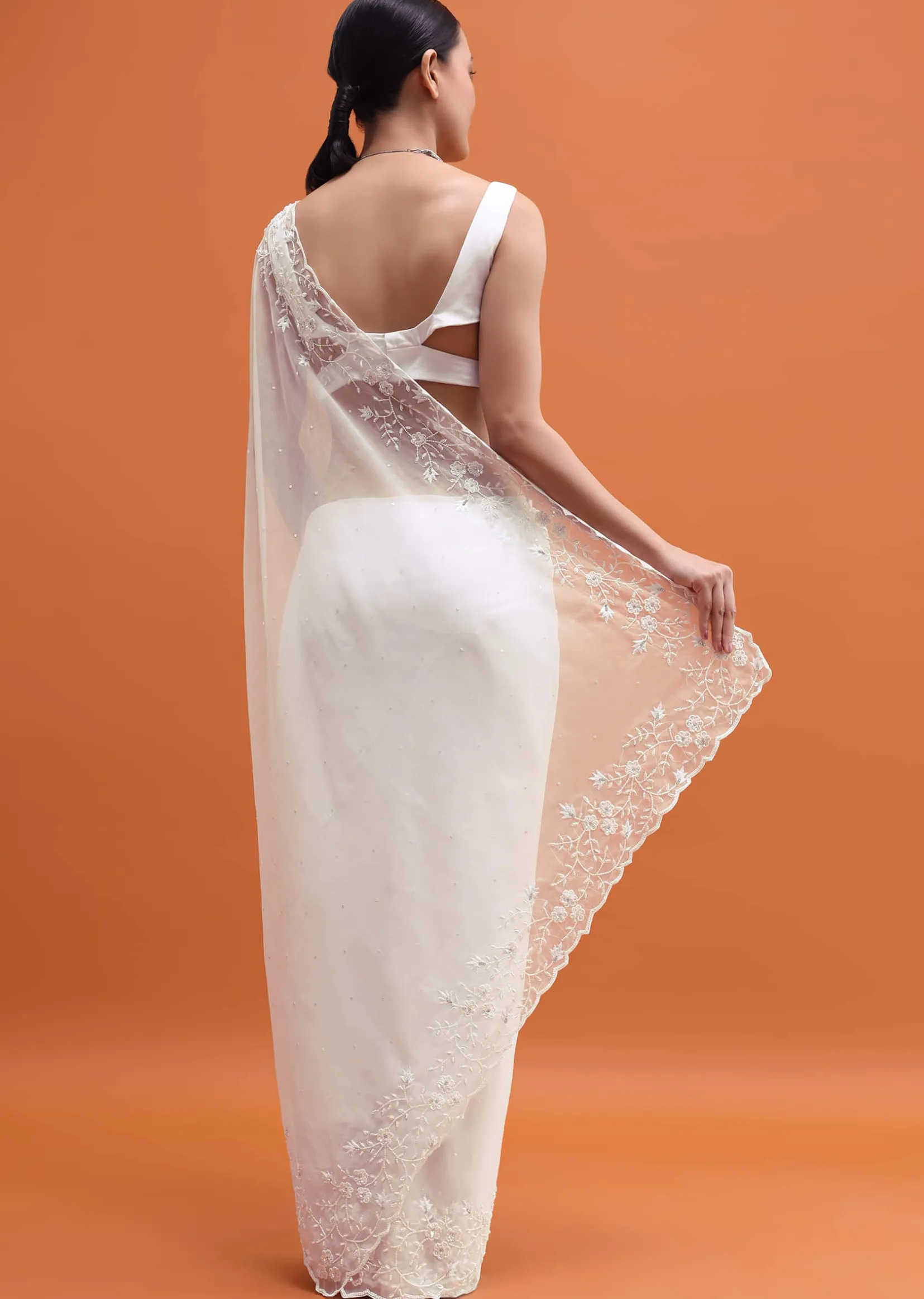 White Embroidered Organza Saree