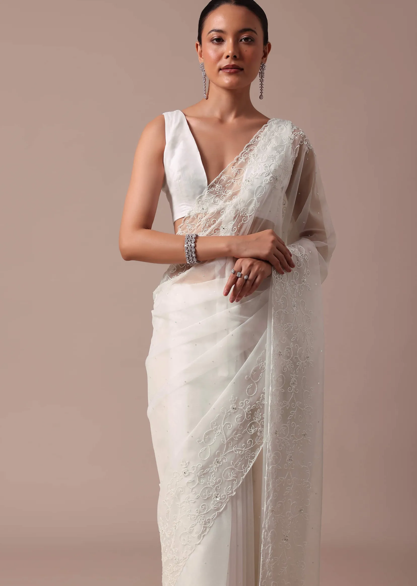 White Embroidered Organza Saree With Unstitched Blouse