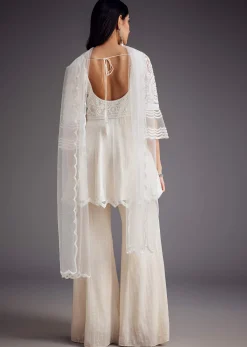White Embroidered Peplum Kurta With Palazzo And Net Dupatta
