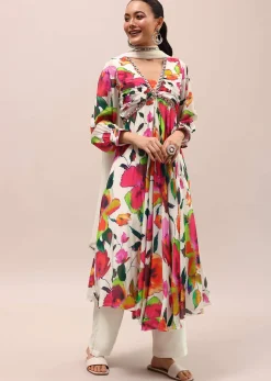 White Embroidered Silk Kurta Set With Dupatta