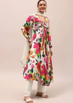 White Embroidered Silk Kurta Set With Dupatta