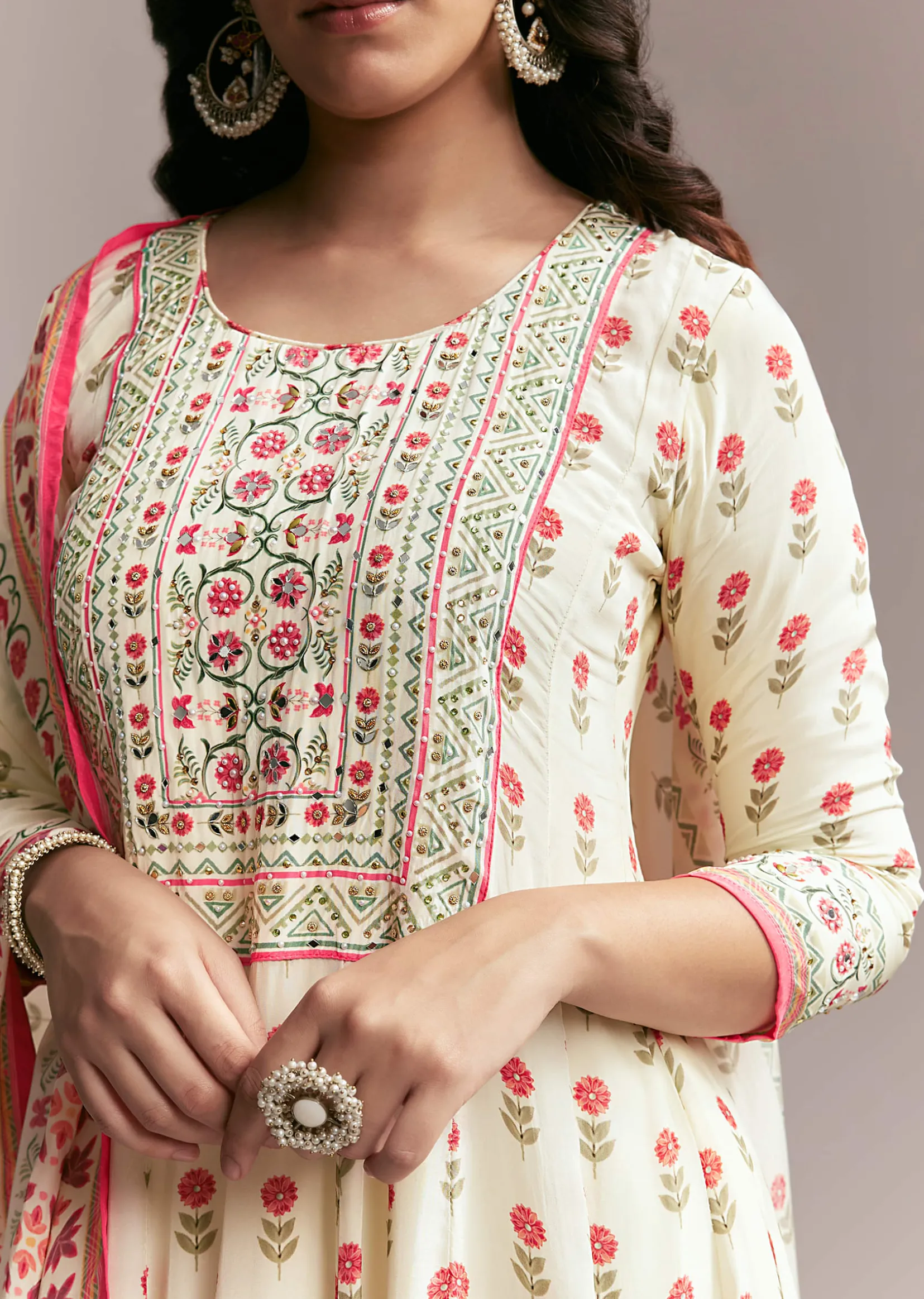 White Floral Printed Anarkali Set