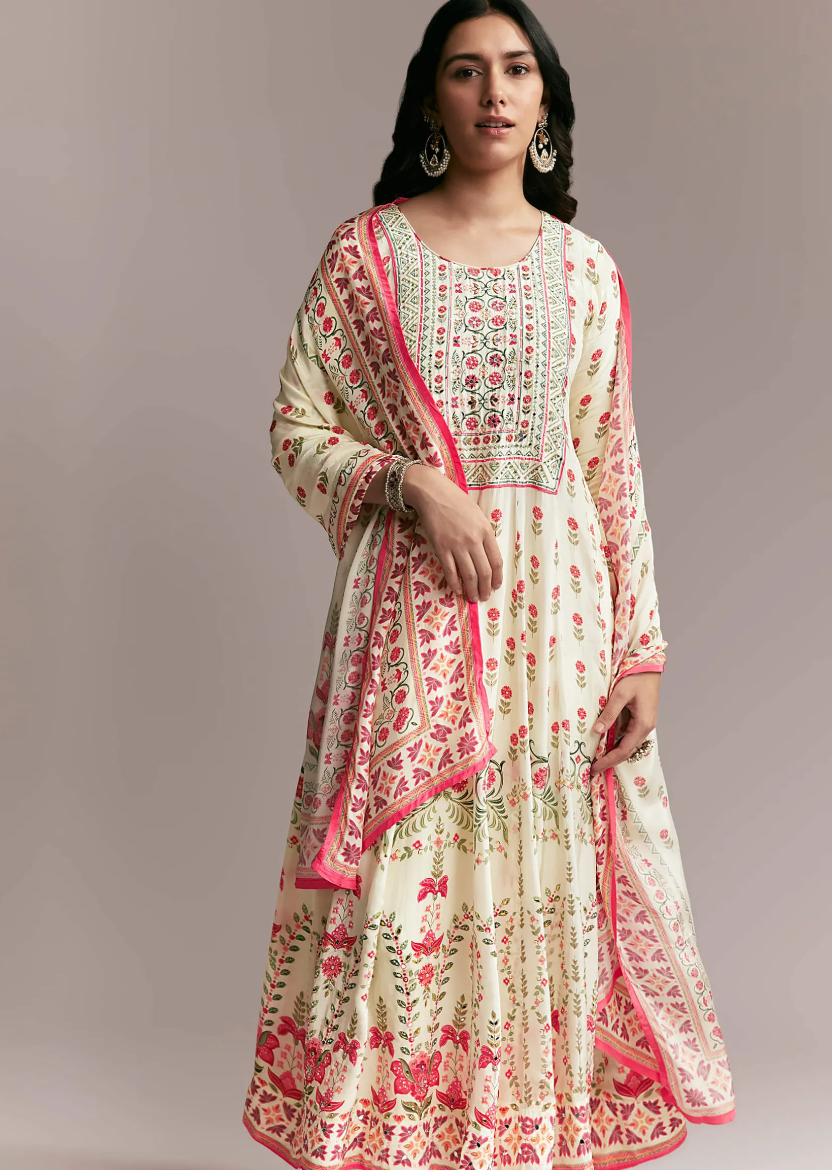 White Floral Printed Anarkali Set