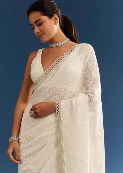 White Georgette Chikankari Embroidered Saree