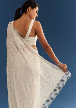 White Georgette Chikankari Embroidered Saree