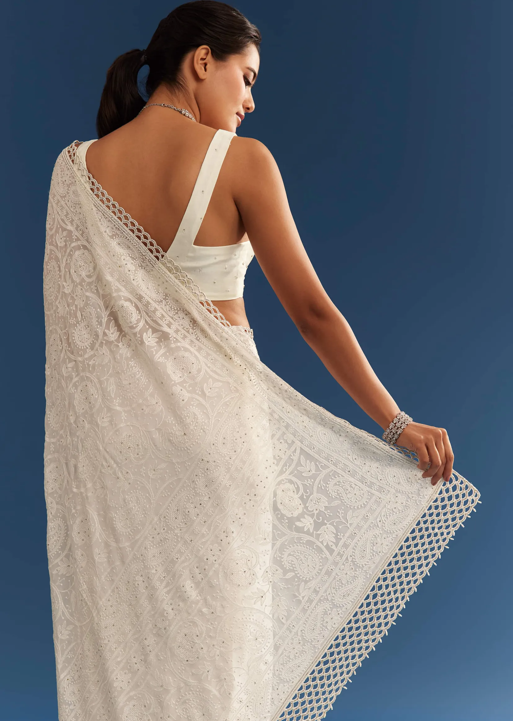 White Georgette Chikankari Embroidered Saree