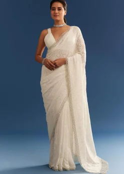 White Georgette Chikankari Embroidered Saree