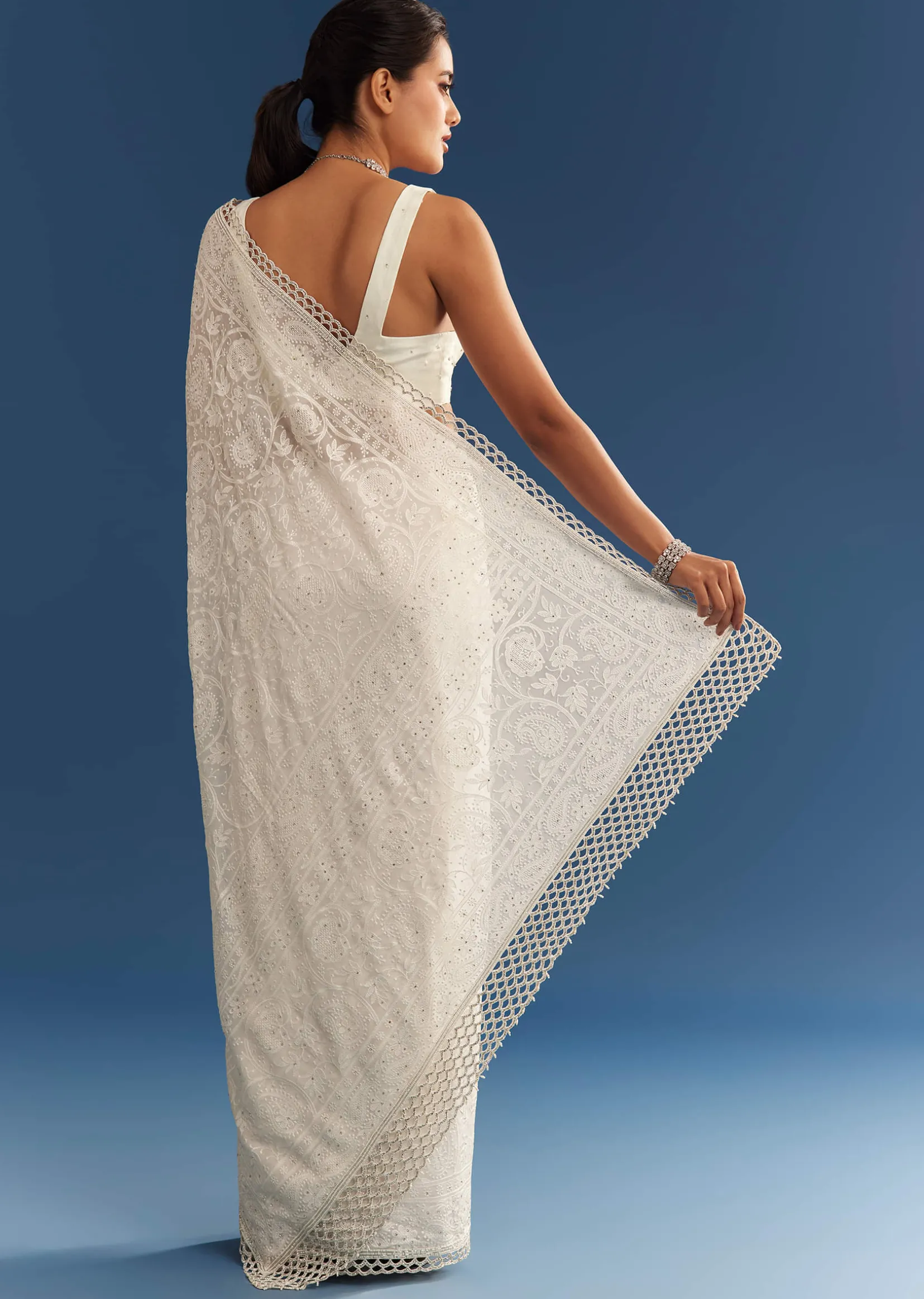 White Georgette Chikankari Embroidered Saree